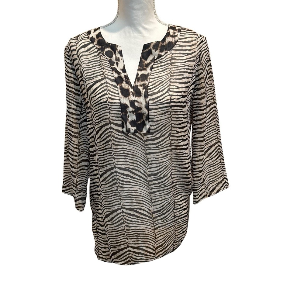 Chicos Blouse Top Size O Small Sheer Topper 3/4 Sleeve Animal Print Zebra Tunic